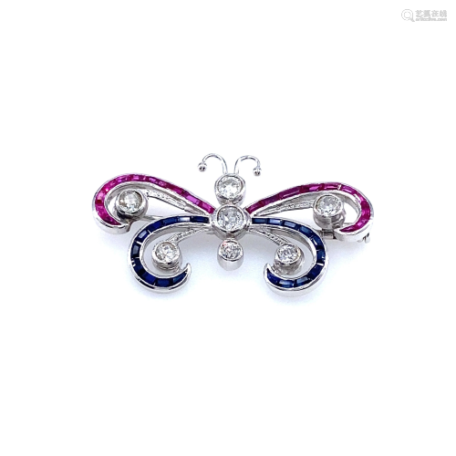 Platinum, Diamonds, Rubies & Sapphires Butterfly Brooch