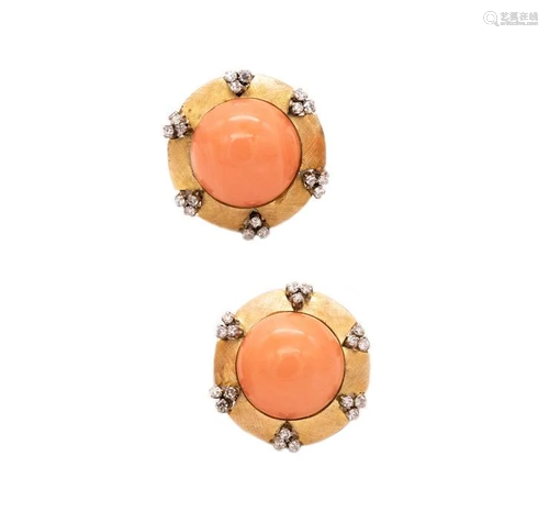 Mid-century Coral & Diamonds 18k Gold Earrings