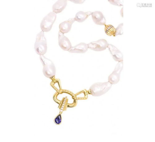 Pearls Necklace 5.60ct Diamonds & Sapphires