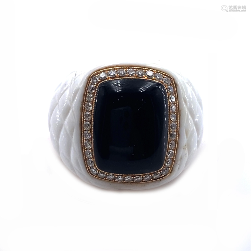 Onyx, Diamonds, Porcelain & 18k Gold Ring