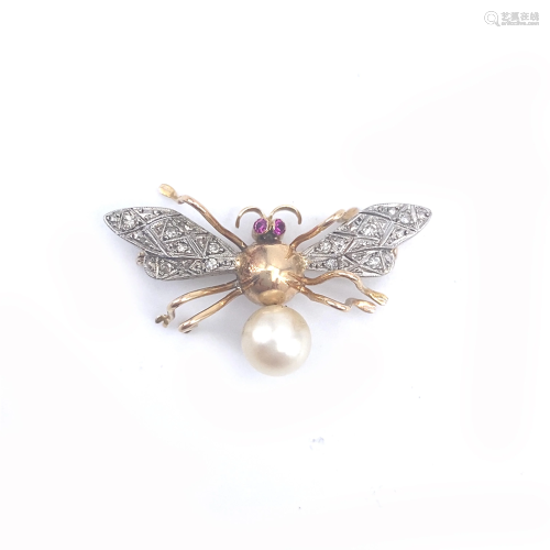 Art Deco Diamonds, Pearl 18k Gold & Platinum Bug Brooch