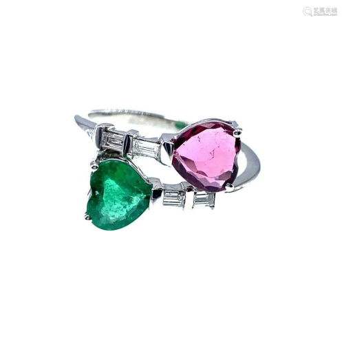 Diamonds, Emerald & Ruby 18k Gold Crossover Ring