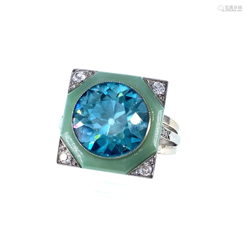 French Art Deco Zircon, Jade, Diamonds & Platinum Ring.