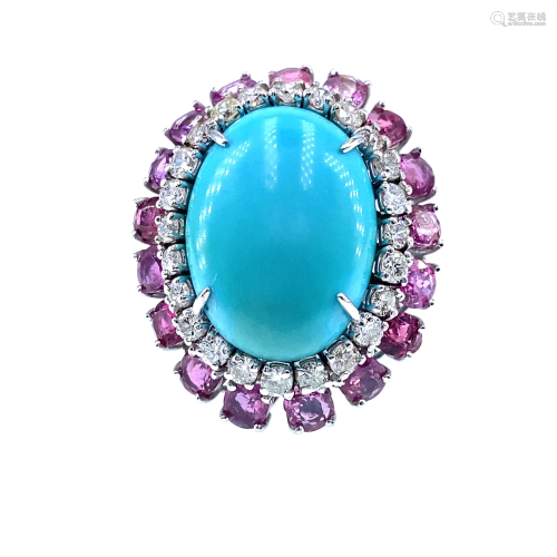 Vintage Sapphires, Turquoise & Diamonds 18k Gold Ring