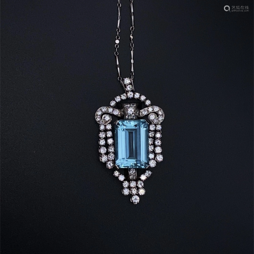 Art Deco Pendant With Aquamarine & Diamonds