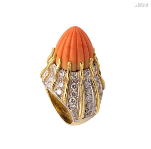 Retro 1960 Italy 18k, Diamonds & Coral Cocktail Ring