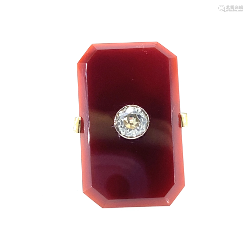 Art Deco Carnelian & Diamonds 18k Gold Ring