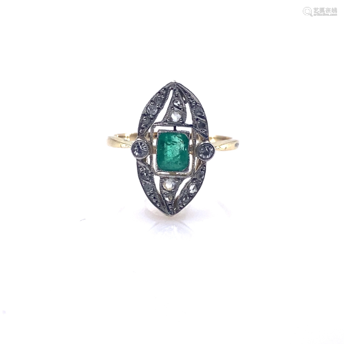 Emerald, Diamonds Art Deco 18k Gold & Platinum Ring