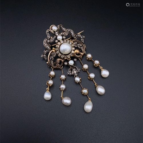 Edwardian Diamonds, Pearls & 15k Gold Pendant / Brooch