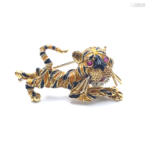 Rubies & Diamonds Enamel Tiger Brooch 18k Gold