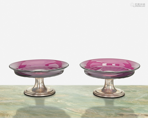 A near-pair of Tiffany & Co. amethyst glass compotes