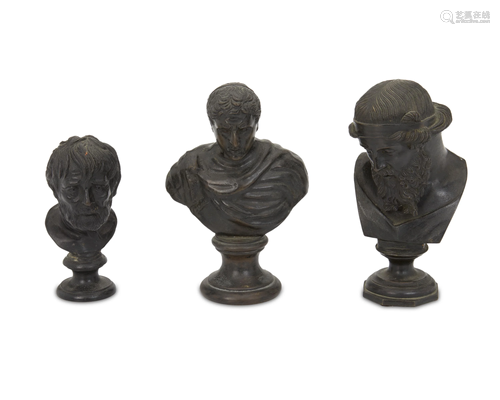 Three diminutive patinated bronze busts