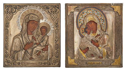 Two Russian icons of the Virgin and Child with silver