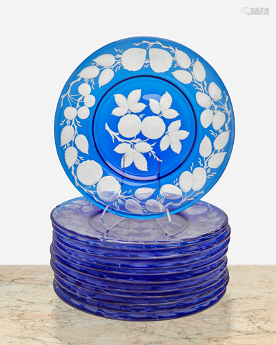 Twelve Pairpoint cobalt blue art glass fruit plates