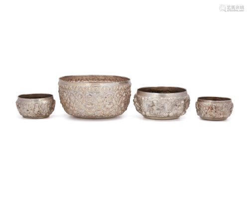 Four Burmese silver bowls