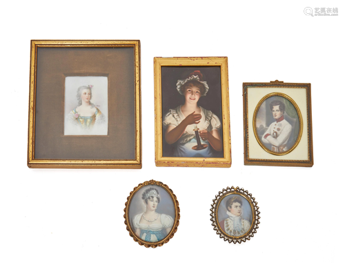 Five framed hand-painted portrait miniatures