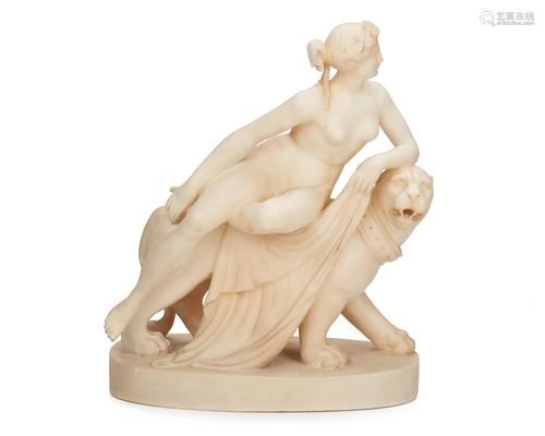 A carved alabaster sculpture of a seated woman and lion