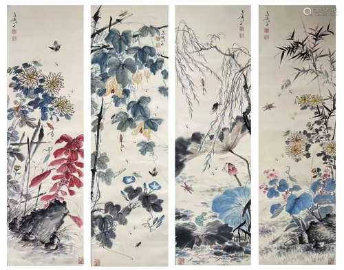 王雪濤 近現代 花卉四條屏 紙本設色 條屏