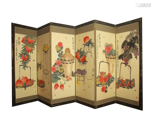 A CHINESE PAINTING SIX-FOLDING SCREEN