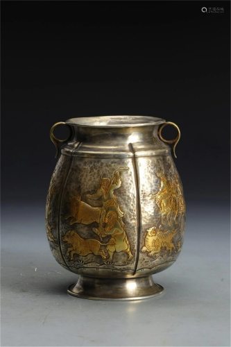 A CHINESE BRONZE GILT HUNTING SCENES JAR