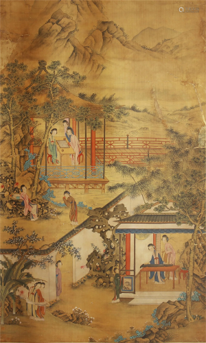 A CHINESE SCROLL PAINTING OF LADIES