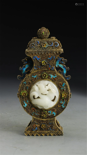 A CHINESE JADE INLAID SILVER GILT VASE WITH COVER