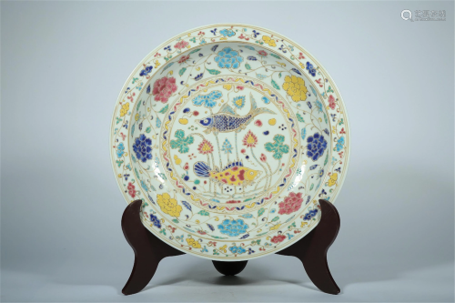 A CHINESE FAMILLE ROSE FISH-ALGAE PORCELAIN PLATE