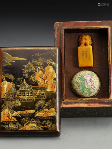 A SOAPSTONE SEAL AND FAMILLE ROSE INK-PASTE BOX