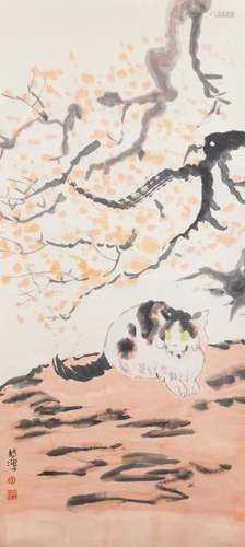 Xu Beihong Chinese Watercolor on Scroll Cat