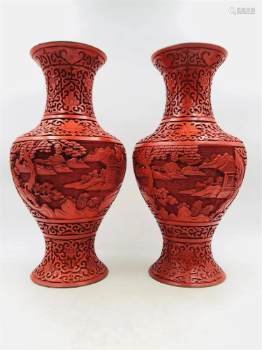 PAIR OF CARVED LACQUER LANDSCAPE VASES