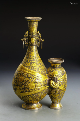 A CHINESE BRONZE GILT DOUBLE-VASE