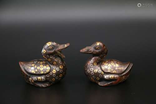 Chinese A Pair Of Gold And Silver Painted Bronze Ducks