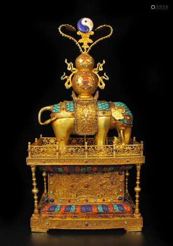 Chinese Gold Gilded Tower Inlaid With Gem