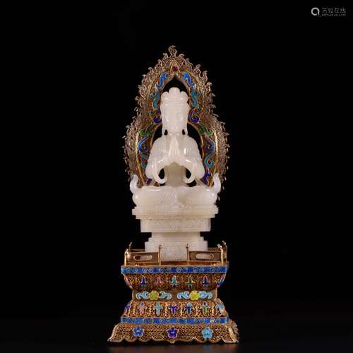 Chinese Hetian Jade Enamel Silver Gold Gilded Buddha Statue