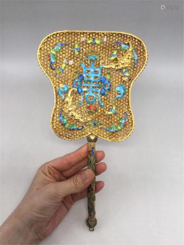 A POLYCHROME FU-SHOU SILVER GILT FAN