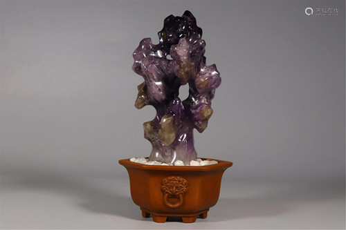 A PURPLE QUARTZ BONSAI DECORATION