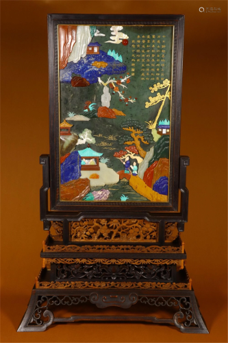 A HARD-STONES INLAID HARDWOOD TABLE-SCREEN