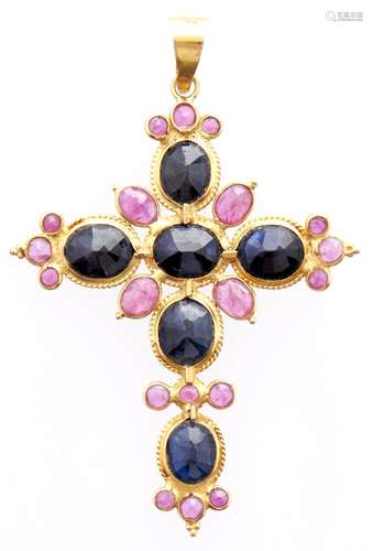 A ruby and sapphire cross, in 18ct gold, 1.7g Good condition