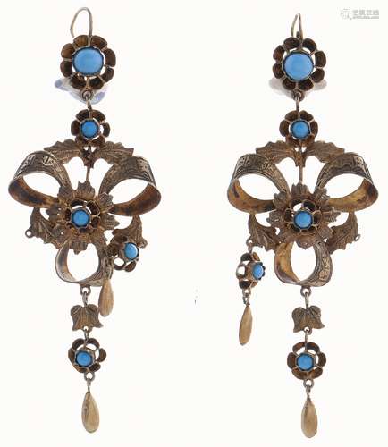 A pair of silver gilt and turquoise paste flower and bow ear...