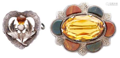 Two silver Scottish hardstone and citrine brooches, one Vict...