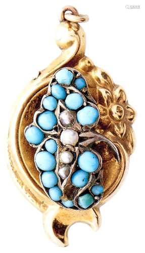 A Victorian split pearl and turquoise pendant, in gold, adap...