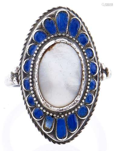 An Arts & Crafts blister pearl and silver and blue enamel ri...