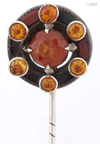 A silver, Scottish hardstone and citrine paste stick pin, c1...