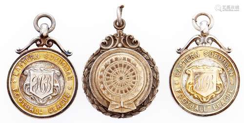 Three parcel gilt silver sporting prize fob shields, includi...