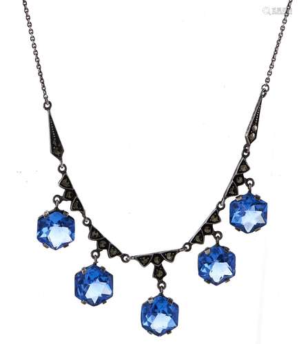 An electric blue paste and marcasite fringe necklace, c1930