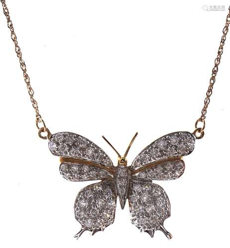 A gem set two colour gold butterfly pendant, on integral gol...