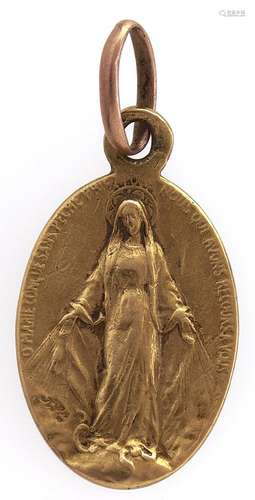 A French gold Blessed Virgin Mary pendant, indistinct contro...