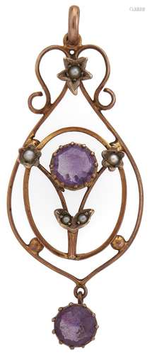 An amethyst and split pearl openwork pendant, early 20th c, ...