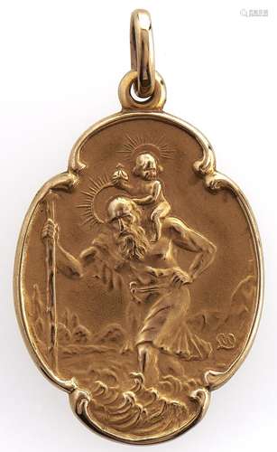 A gold St Christopher pendant, marked 9ct, 4.3g Good conditi...