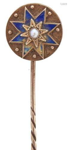 A Victorian gold stickpin, with split pearl and blue enamel ...